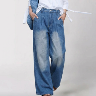 Damen Baggy Jeans Mit Faltenwurf & Weitem Bein