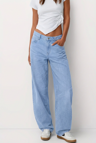 Damen Baggy Jeans Mit Verwaschen & Knopf