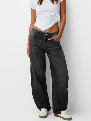 Damen Baggy Jeans Mit Verwaschen & Knopf