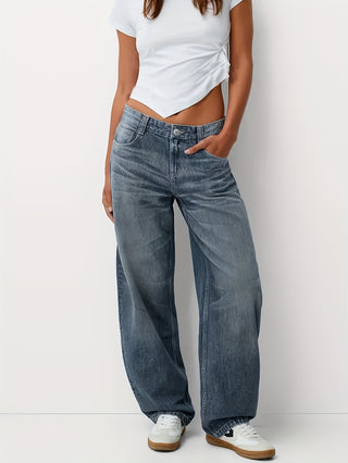 Damen Baggy Jeans Mit Verwaschen & Knopf