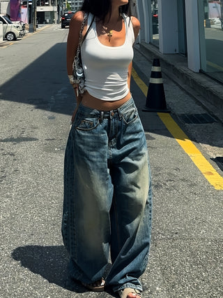 Damen Baggy Jeans Mit Washed Look & Falten