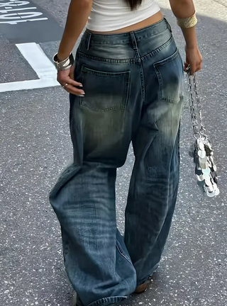 Damen Baggy Jeans Mit Washed Look & Falten