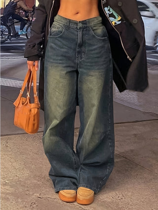 Damen Baggy Jeans in Dunkelblau mit Waschung & Knopfverschluss