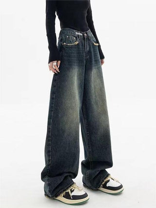 Damen Baggy Jeans mit Waschung und Knopf