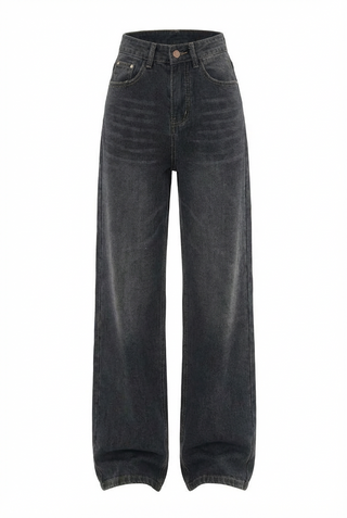 Damen Baggy Jeans mit Waschung und Knopf