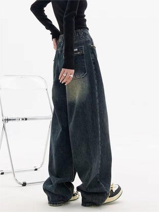 Damen Baggy Jeans mit Waschung und Knopf