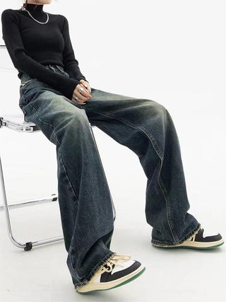 Damen Baggy Jeans mit Waschung und Knopf