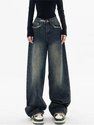 Damen Baggy Jeans mit Waschung und Knopf