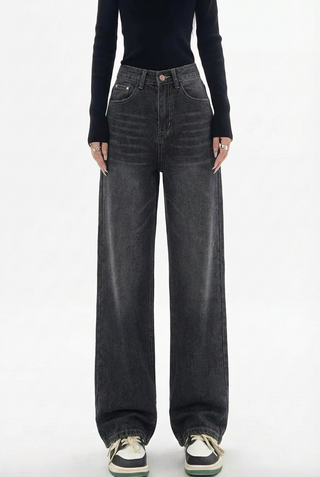 Damen Baggy Jeans mit Waschung und Knopf