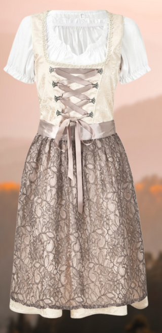 Damen Beige Oktoberfest Dirndl Kleid Mit Spitze & Satinband 2025