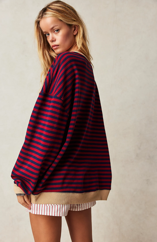 Damen Gestreifter Oversize Pullover Mit Rundhals