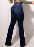 Damen High Waist Jeans Mit Schlag & Knopf