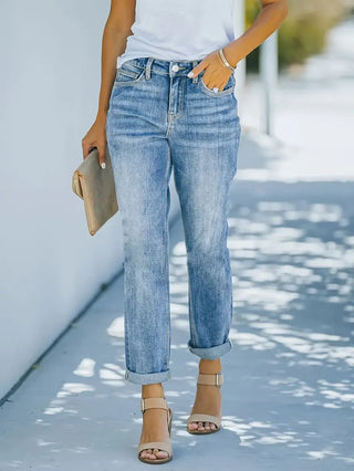 Damen Jeans Lockerer Schnitt Mit Umschlag & Taschen