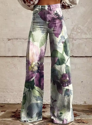 Damen Jeans Mit Großem Blumenprint & Weitem Bein