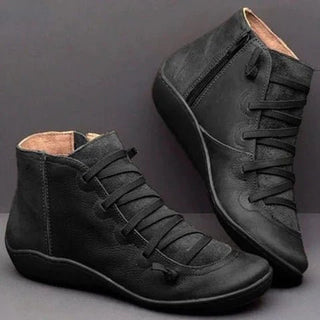 Damen Leder Stiefeletten Mit Seitlichem Zip & Riemen