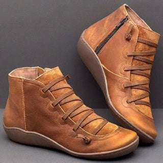 Damen Leder Stiefeletten Mit Seitlichem Zip & Riemen