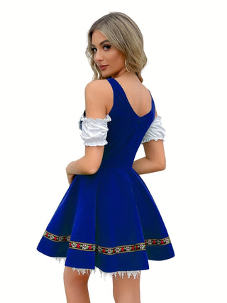 Damen Oktoberfest Dirndl Kleid Blau Mit Roter Schnürung | 2025