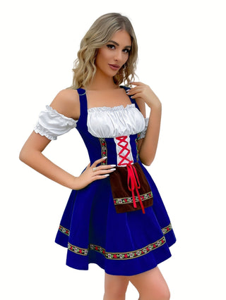 Damen Oktoberfest Dirndl Kleid Blau Mit Roter Schnürung | 2025