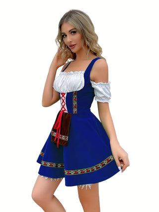 Damen Oktoberfest Dirndl Kleid Blau Mit Roter Schnürung | 2025