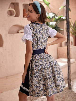 Damen Oktoberfest Dirndl Kleid Navy Mit Spitze & Schnürung 2025