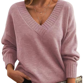 Damen Pullover Mit Ripp-V-Ausschnitt & Langarm