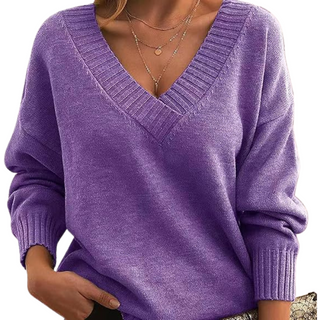Damen Pullover Mit Ripp-V-Ausschnitt & Langarm