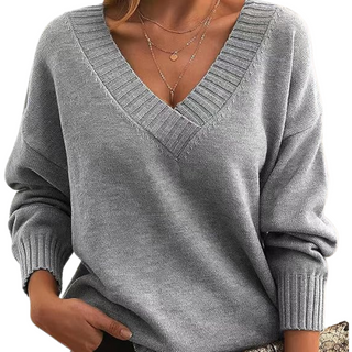 Damen Pullover Mit Ripp-V-Ausschnitt & Langarm