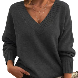 Damen Pullover Mit Ripp-V-Ausschnitt & Langarm