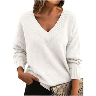 Damen Pullover Mit Ripp-V-Ausschnitt & Langarm