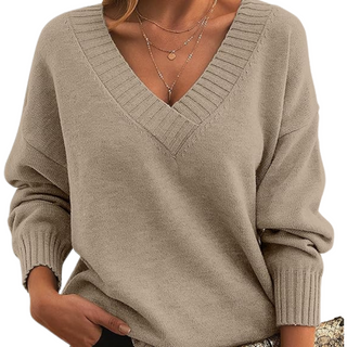 Damen Pullover Mit Ripp-V-Ausschnitt & Langarm