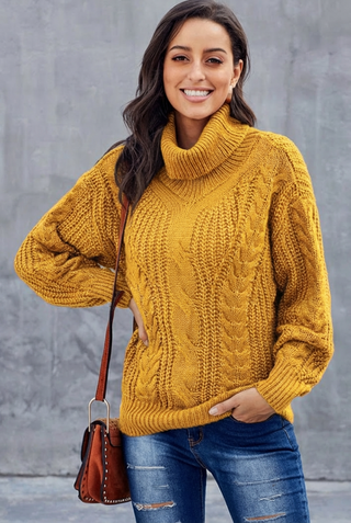Damen Rollkragen Strickpullover Mit Zopfmuster