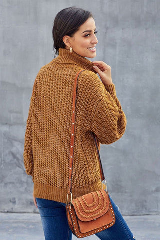 Damen Rollkragen Strickpullover Mit Zopfmuster