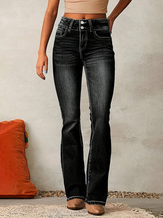 Damen Schlagjeans Mit Hoher Taille & Knopf