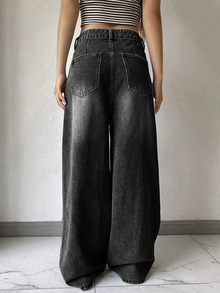 Damen Schwarz Baggy Jeans Mit Taschen & Wash