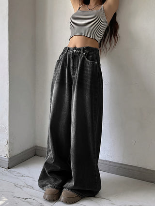 Damen Schwarz Baggy Jeans Mit Taschen & Wash