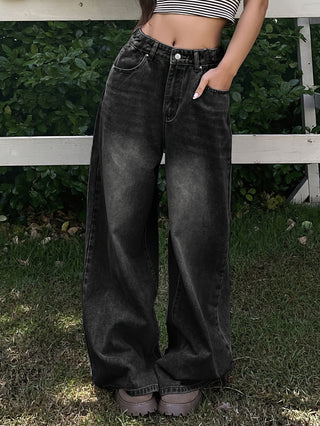 Damen Schwarz Baggy Jeans Mit Taschen & Wash