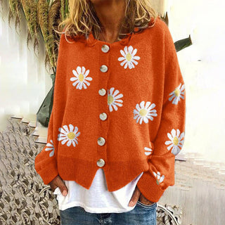 Damen Strickjacke Mit Gänseblümchen & Knopfleiste