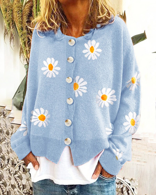 Damen Strickjacke Mit Gänseblümchen & Knopfleiste