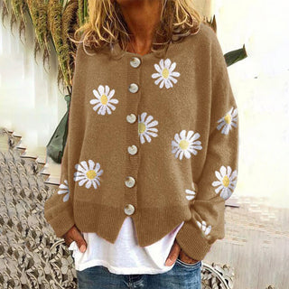 Damen Strickjacke Mit Gänseblümchen & Knopfleiste