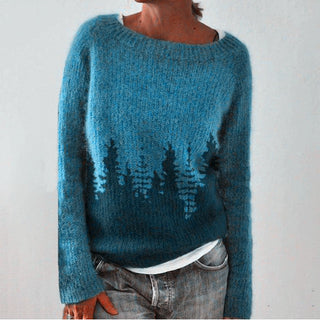 Damen Strickpullover Mit Waldmotiv & Rundhals