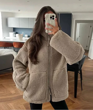 Damen Teddy Jacke Mit Reißverschluss | Kurz