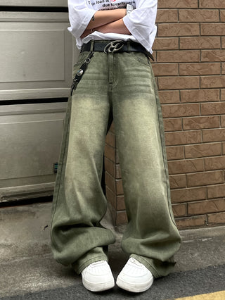Herren Baggy Jeans in Grün mit Waschung & Taschen