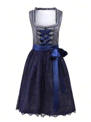 Women’s Oktoberfest Dirndl Dress Blue With Lace & Apron | 2025